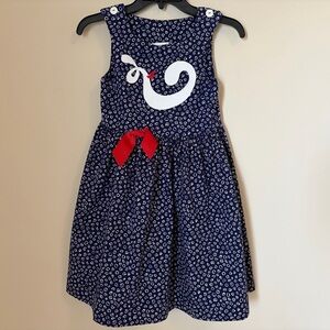 Nautical Navy Girls Sleeveless Dress with White Appliqué and Red Bow Size 6X